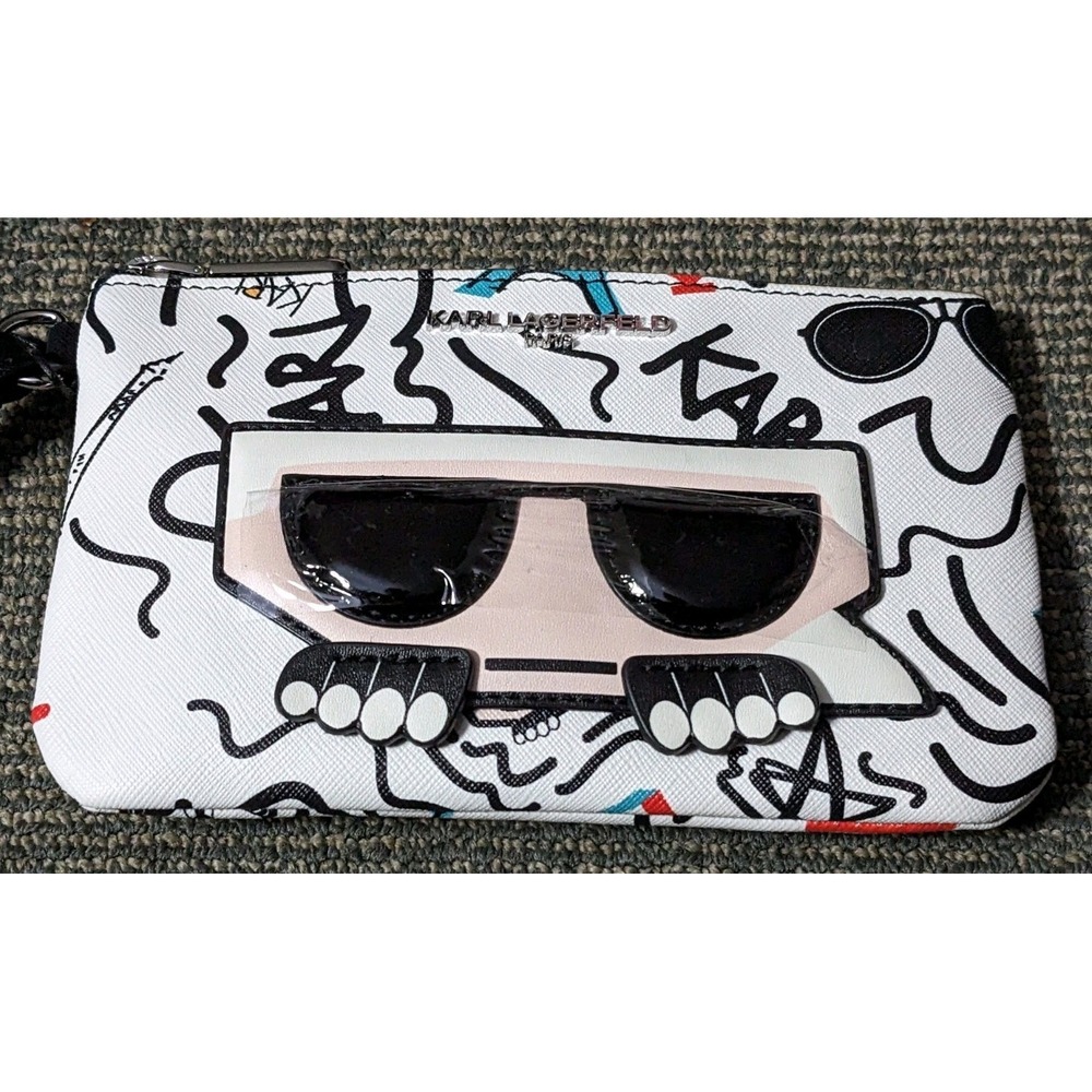 Karl Lagerfeld Paris Wristlet Wallet White Black Graffiti Print Sunglasses